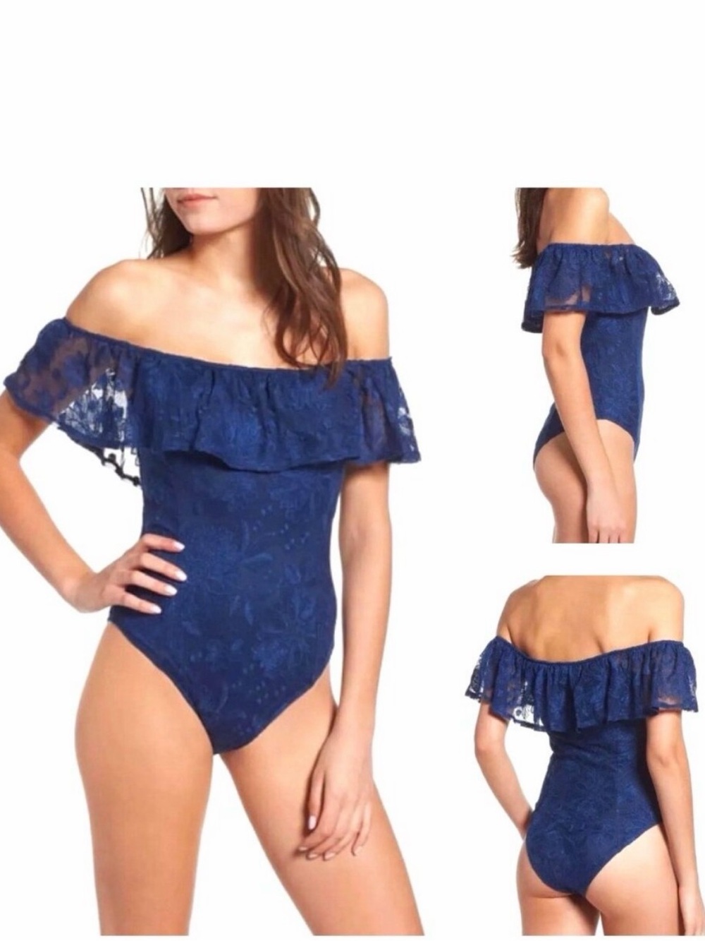 Band of Gypsies Navy Off-Shoulder Lace Sleeveless One-Piece Bodysuit